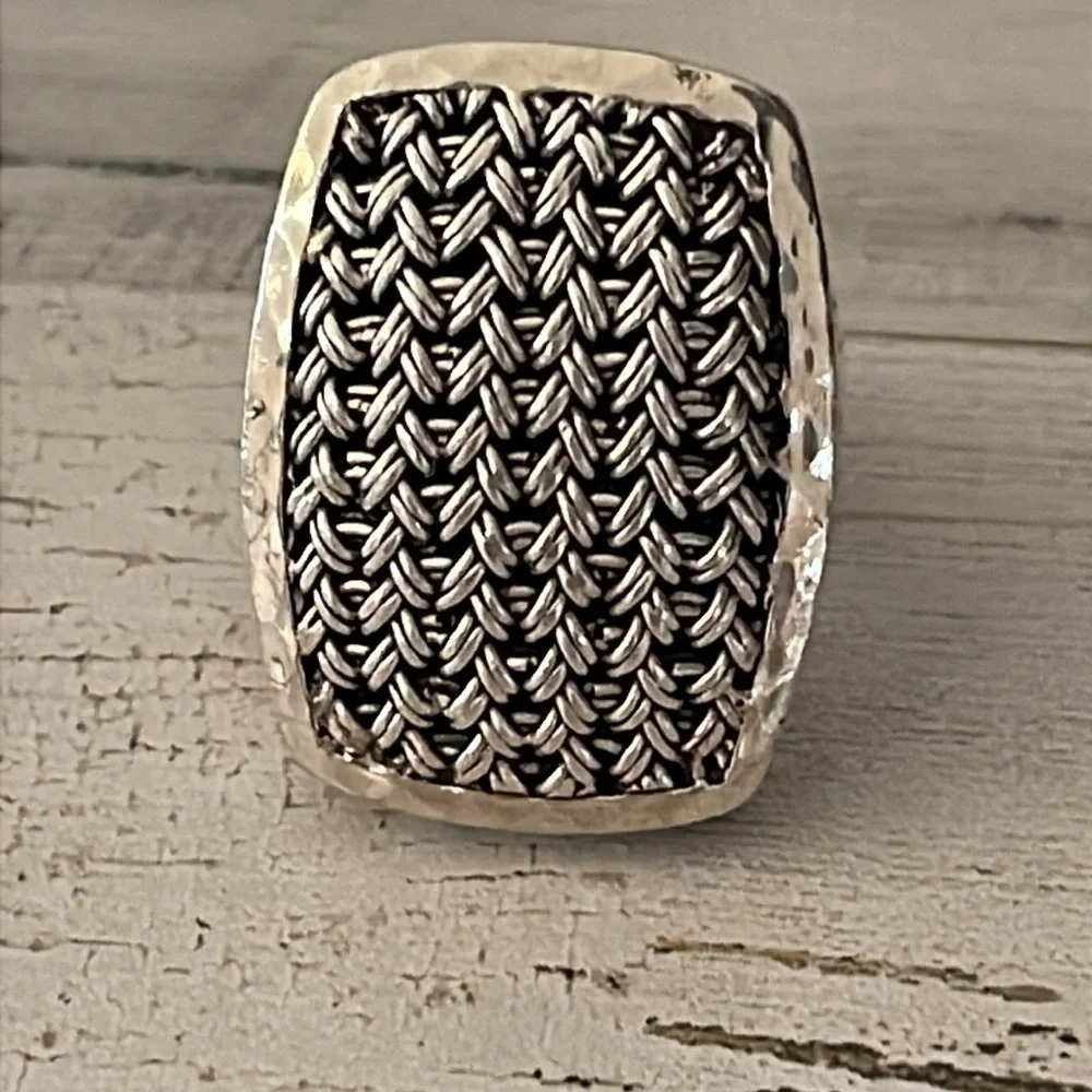 Lois Hill Silver Rectangular Textile Weave Cut-Out Ring.